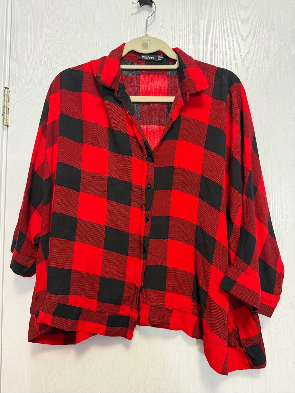 Boohoo Red and Black Buffalo Check Button-Down Shirt